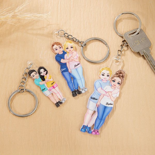 Porte-clés acrylique personnalisé avec nom Couple Cartoon Hugging Charms pour sac à main Cadeau pour couples