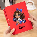 Gepersonaliseerd Cartoon Cheerleader Girl Lederen A5 gelinieerd dagboek Notebook Pen Set met naam Verjaardag Game Day Office Gift voor vrouwen meisjes