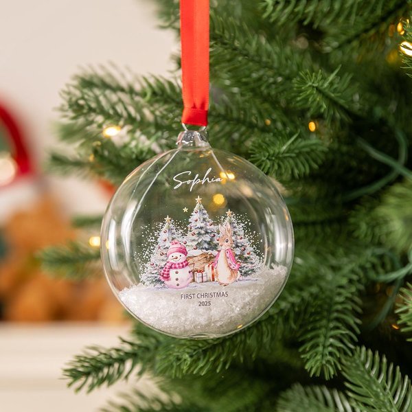 Personalised Cute Bunny Snowman Clear Glass Ornament with Name and Red Ribbon Home Decor First Christmas Baby Shower Gift for Newborn