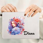 Trousse de maquillage personnalisée Anthropomorphic Birth Flower Linen avec dragonne et nom Anniversaire Accessoires de voyage Cadeau pour femmes