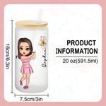 Personalized Cartoon Golf Player Birth Flower 20oz Frosted Glass Cup with Name Lid and Straw Birthday Gift for Golf Lovers