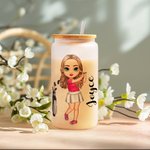 Personalized Cartoon Golf Player Birth Flower 20oz Frosted Glass Cup with Name Lid and Straw Birthday Gift for Golf Lovers