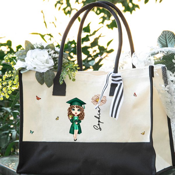 Cartone animato personalizzato Laurea Fiore di nascita Grande Borsa di tela con nome Laurea Regalo di compleanno per le donne