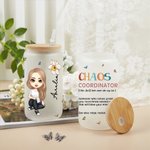 Coordinadora del Caos personalizada Personaje de dibujos animados 20oz Taza de cristal esmerilado con flor de nacimiento y pajita Regalo de cumpleaños diario de viaje para la familia