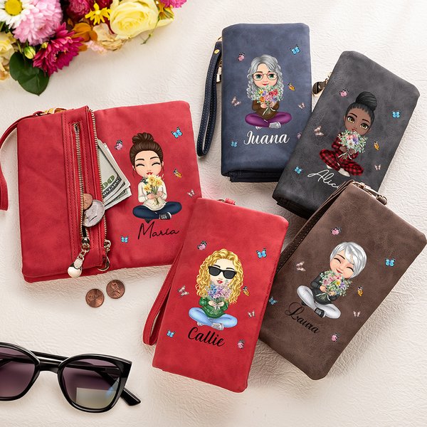 Cartera personalizada con personaje de dibujos animados ramo de flores de nacimiento ranuras para tarjetas regalo cumpleaños y Día de la Madre