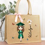 Personalisierte Cartoon Graduate Charakter Geburt Blume große Jute Tragetasche mit Namen Graduierung Geburtstag Geschenk für Frauen Absolventen