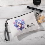Trousse de maquillage personnalisée Anthropomorphic Birth Flower Linen avec dragonne et nom Anniversaire Accessoires de voyage Cadeau pour femmes