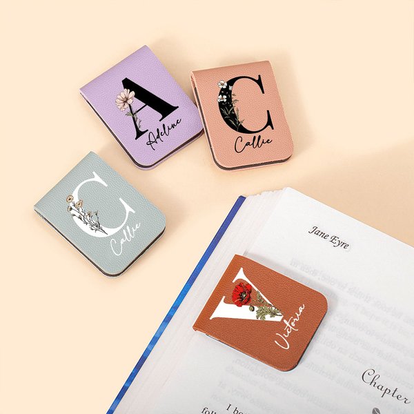 Personalised Birth Flower Magnetic Leather Bookmark Clip with Name and Initial School Office Stationery Supplies Gift for Bookworms Book Lovers