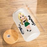 Personalized Cartoon Golf Player Birth Flower 20oz Frosted Glass Cup with Name Lid and Straw Birthday Gift for Golf Lovers