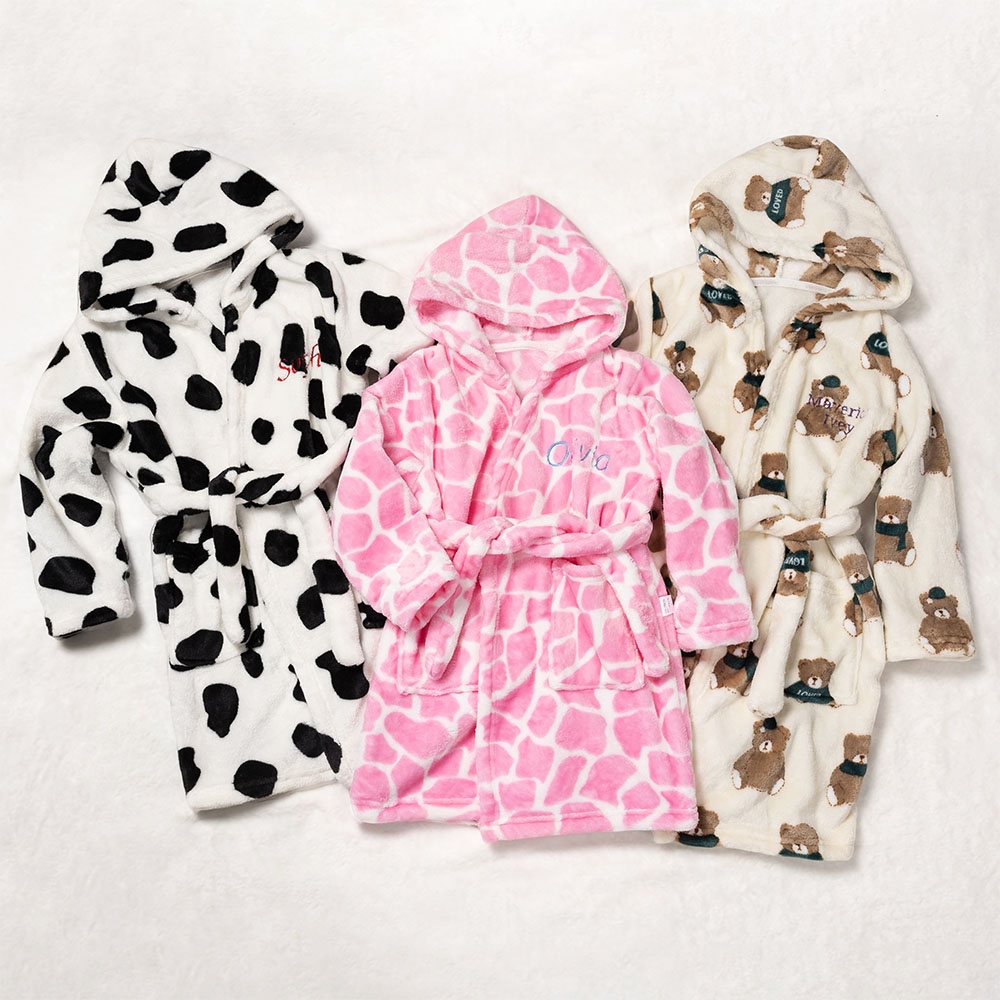 Peignoir à capuche pour bébé imprimé léopard et vache avec nom brodé Cadeau d'anniversaire de douche de bébé pour bébé et enfant en bas âge.