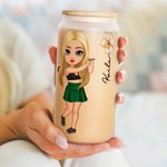 Personalized Cartoon Golf Player Birth Flower 20oz Frosted Glass Cup with Name Lid and Straw Birthday Gift for Golf Lovers