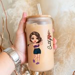 Personalized Cartoon Golf Player Birth Flower 20oz Frosted Glass Cup with Name Lid and Straw Birthday Gift for Golf Lovers