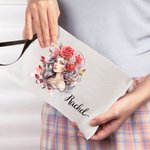 Trousse de maquillage personnalisée Anthropomorphic Birth Flower Linen avec dragonne et nom Anniversaire Accessoires de voyage Cadeau pour femmes