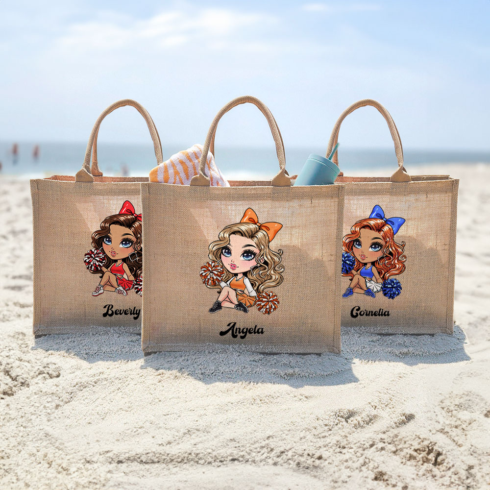 Personnalisé Cartoon Cheerleader Girl Large Jute Tote Bag with Name Birthday Travel Competition Celebration Gift for Cheerleaders Women