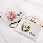 Trousse de maquillage personnalisée Anthropomorphic Birth Flower Linen avec dragonne et nom Anniversaire Accessoires de voyage Cadeau pour femmes