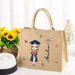 Personalisierte Cartoon Graduate Charakter Geburt Blume große Jute Tragetasche mit Namen Graduierung Geburtstag Geschenk für Frauen Absolventen