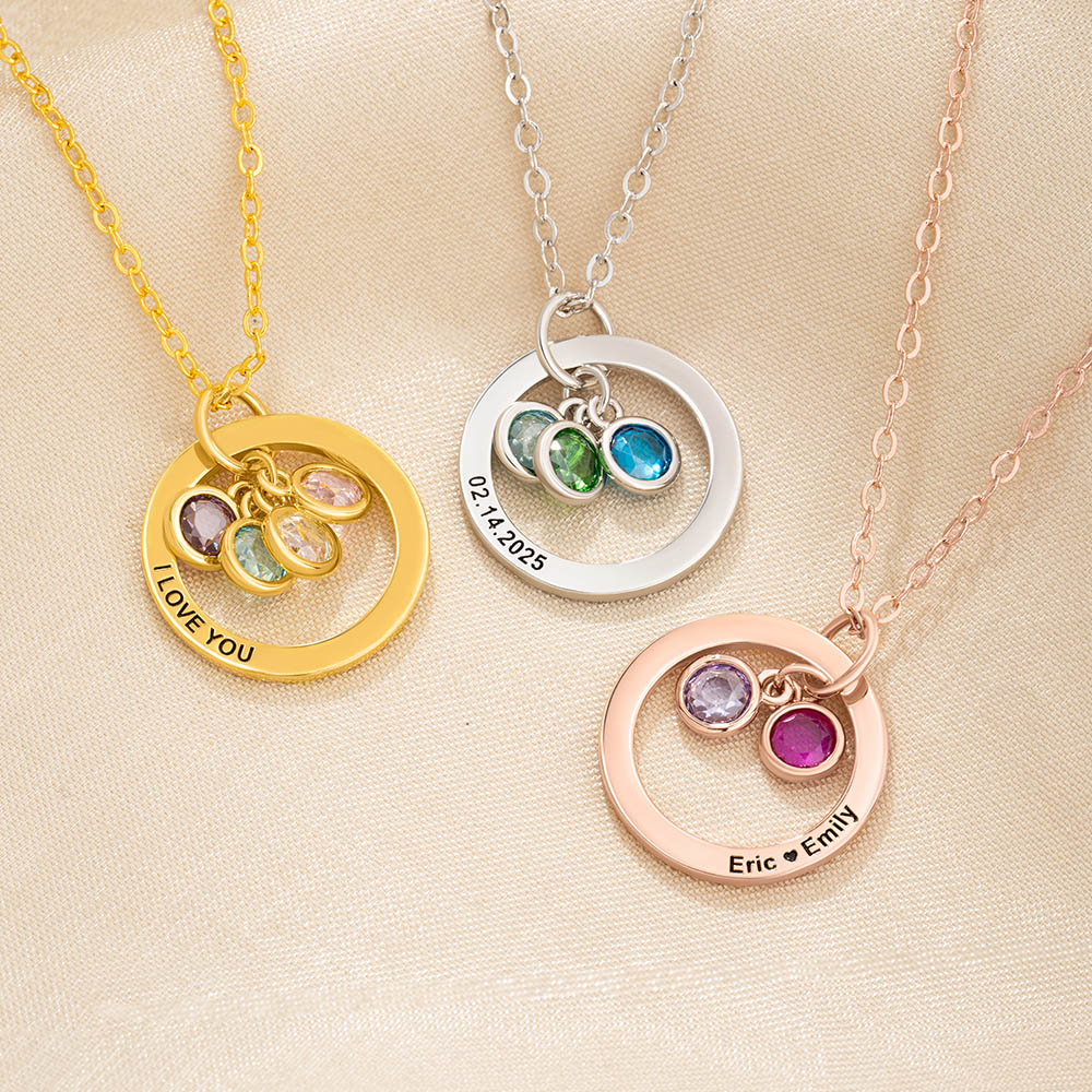 Collier personnalisé en forme d'anneau avec 1-6 pierres de naissance et texte gravé Cadeau d'anniversaire et de fête des mères pour les femmes