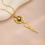 Collana personalizzata a ferro di cavallo portafortuna con pietra di nascita e nome regalo di compleanno e anniversario per donne amanti dei cavalli