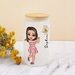 Personalized Cartoon Golf Player Birth Flower 20oz Frosted Glass Cup with Name Lid and Straw Birthday Gift for Golf Lovers
