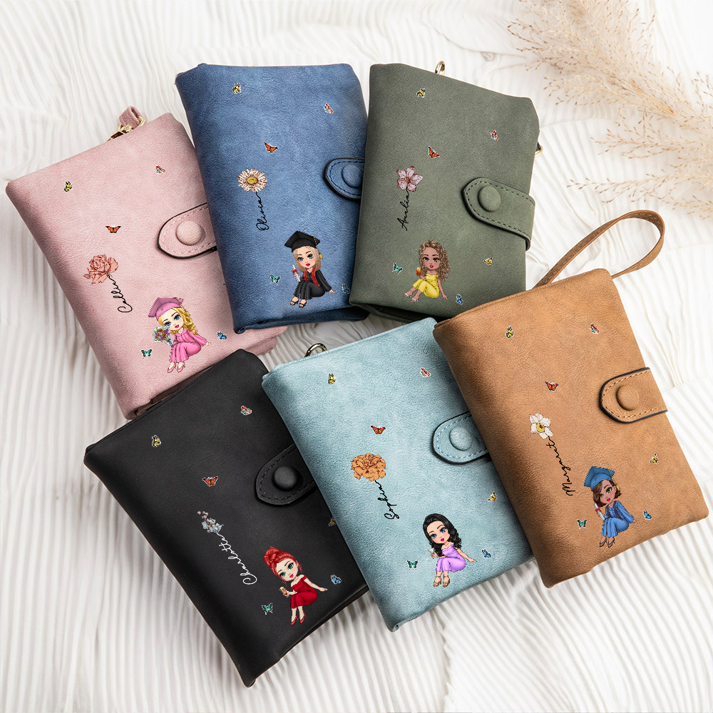 Personnalisé Cartoon Graduate Birth Flower Leather Tri-folded Wristlet Wallet with Name and Card Holder Birthday Graduation Gift for Women