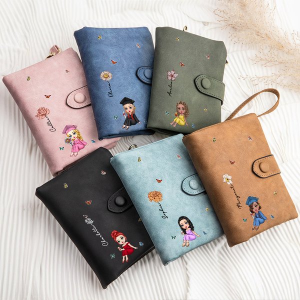 Personalizada de dibujos animados de Graduados Nacimiento Flor de cuero de tres pliegues billetera con nombre y titular de la tarjeta de cumpleaños de graduación de regalo para las mujeres