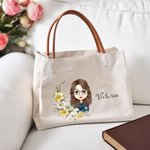Personalised Birth Flower Wreath Cartoon Character Name Canvas Tote Bag with Leather Handle Birthday Gift for Women