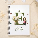 Personalized Cartoon Character Birth Flower Bouquet Name A5 Spiral Notebook Pen with 120 Lined Pages and Initial Birthday Gift for Women Girls