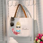 Personalised Birth Flower Wreath Cartoon Character Name Canvas Tote Bag with Leather Handle Birthday Gift for Women