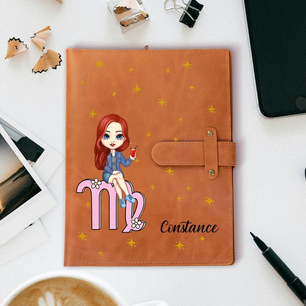 Personalized Zodiac Cartoon Character Leather A5 Sketchbook Notebook Cover with Storage Pocket Office Birthday Gift for Women Men