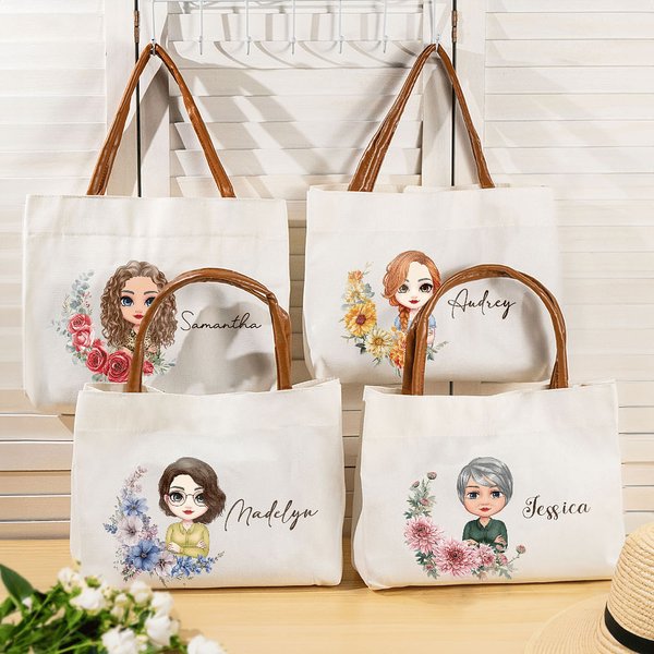 Personalisierte Geburtsblumen-Kranz Cartoon Charakter Name Canvas Tragetasche mit PU-Ledergriff Geburtstag Geschenk für Damen