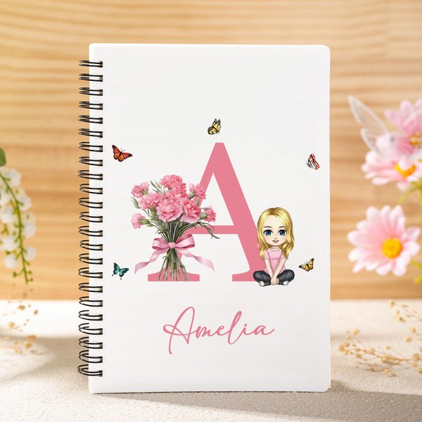 Henkilökohtainen sarjakuvahahmo Syntymä Kukkakimppu Nimi A5 Spiral Notebook kynä 120 vuoratut sivut ja Initial Syntymäpäivälahja naisille tytöille