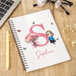 Personalized Cartoon Character Birth Flower Bouquet Name A5 Spiral Notebook Pen with 120 Lined Pages and Initial Birthday Gift for Women Girls