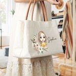 Personalised Birth Flower Wreath Cartoon Character Name Canvas Tote Bag with Leather Handle Birthday Gift for Women