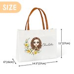 Personalised Birth Flower Wreath Cartoon Character Name Canvas Tote Bag with Leather Handle Birthday Gift for Women