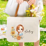 Personalised Birth Flower Wreath Cartoon Character Name Canvas Tote Bag with Leather Handle Birthday Gift for Women