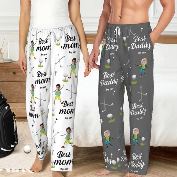 Personalized Golf Cartoon Character Face Photo Pajama Pants with Drawstring Waist Vlaentine's Day Birthday Party Gift for Golf Lover