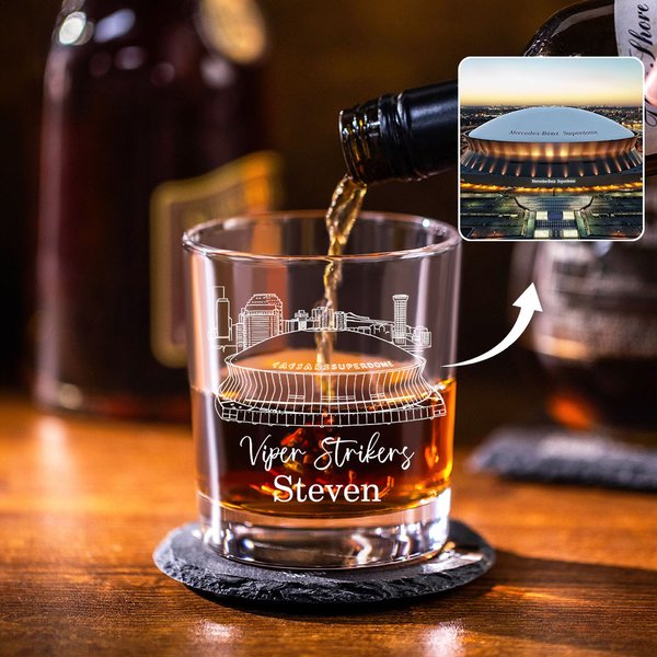 Personalized Football Stadium Sketch Whiskey Glasses with Engraved Name Text and Slate Coaster Meaningful Birthday Game Gift for Football Lovers