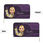 Portefeuille en Cuir PU Personnalisé avec Nom Personnage Couronne de Fleurs Accessoire de Compartiments Multiples Cadeau Anniversaire pour Femme