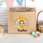 Personalized Rainbow Bunny Suit Cartoon Character Jute Tote Bag with Name Reusable Easter Party Gift for Kids