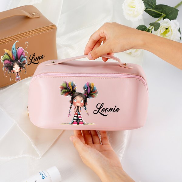 Personalized Cute Cartoon Quirky Girl PU Leather Makeup Bag with Handle Portable Travel Essentials Birthday Gift for Women Girls
