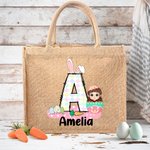 Gepersonaliseerde Funny Bunny Initial Easter Egg Character Jute Tote Bag met naam Gelukkig paaseieren jagen verjaardagscadeau voor kinderen familie
