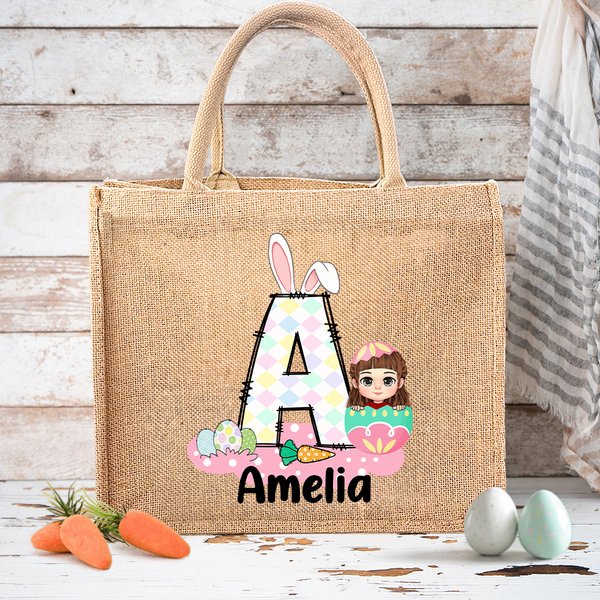 Personalized Funny Bunny Initial Easter Egg Character Jute Tote Bag with Name Happy Easter Eggs Hunting Birthday Gift for Kids Family