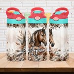 Personalized Boho Style Floral Horse 12oz Name Water Bottle with Silicone Straw and Handle Birthday Back to School Gift for Kids Horse Lovers