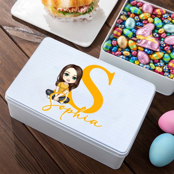Personalized Cartoon Character Food Grade Metal Biscuit Tin Storage Box with Name and Initial Birthday Gift for Kids Family Friends