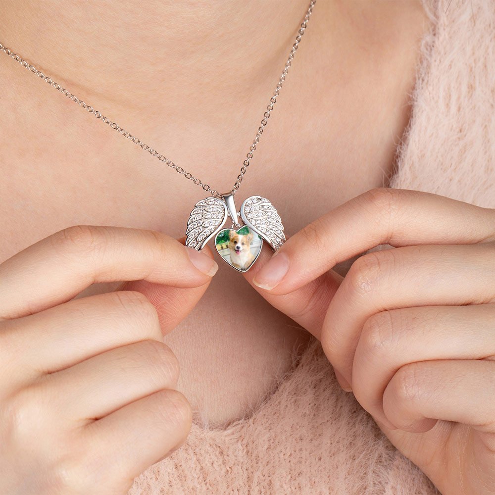 YL Collana Con Ciondolo Foto A Cuore E Ali D'Angelo – Argento 925 Con Zirconi, Catenina 45+3cm, Regalo Per Donna