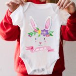 Personalised Cute Easter Bunny Watercolour Floral 100% Cotton Kid T-shirt Baby Bodysuit with Name Holiday Party Outfit Easter Gift for Baby Boys Girls