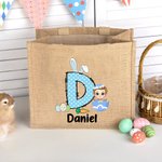 Gepersonaliseerde Funny Bunny Initial Easter Egg Character Jute Tote Bag met naam Gelukkig paaseieren jagen verjaardagscadeau voor kinderen familie