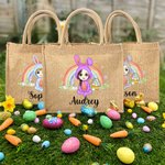 Personalized Rainbow Bunny Suit Cartoon Character Jute Tote Bag with Name Reusable Easter Party Gift for Kids