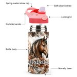 Personalized Boho Style Floral Horse 12oz Name Water Bottle with Silicone Straw and Handle Birthday Back to School Gift for Kids Horse Lovers