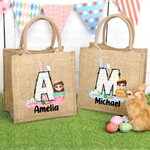 Gepersonaliseerde Funny Bunny Initial Easter Egg Character Jute Tote Bag met naam Gelukkig paaseieren jagen verjaardagscadeau voor kinderen familie